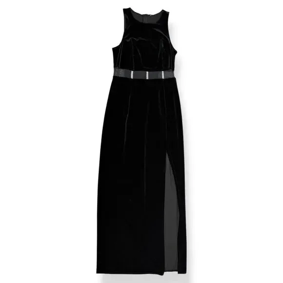 90's sexy black velvet long fitted dress with high slit and mesh crystal trim - Picture 2 of 16
